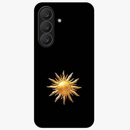 Golden Sun Minimalism Glass Case showing flat back view with minimal golden sun artwork and glossy glass finish.