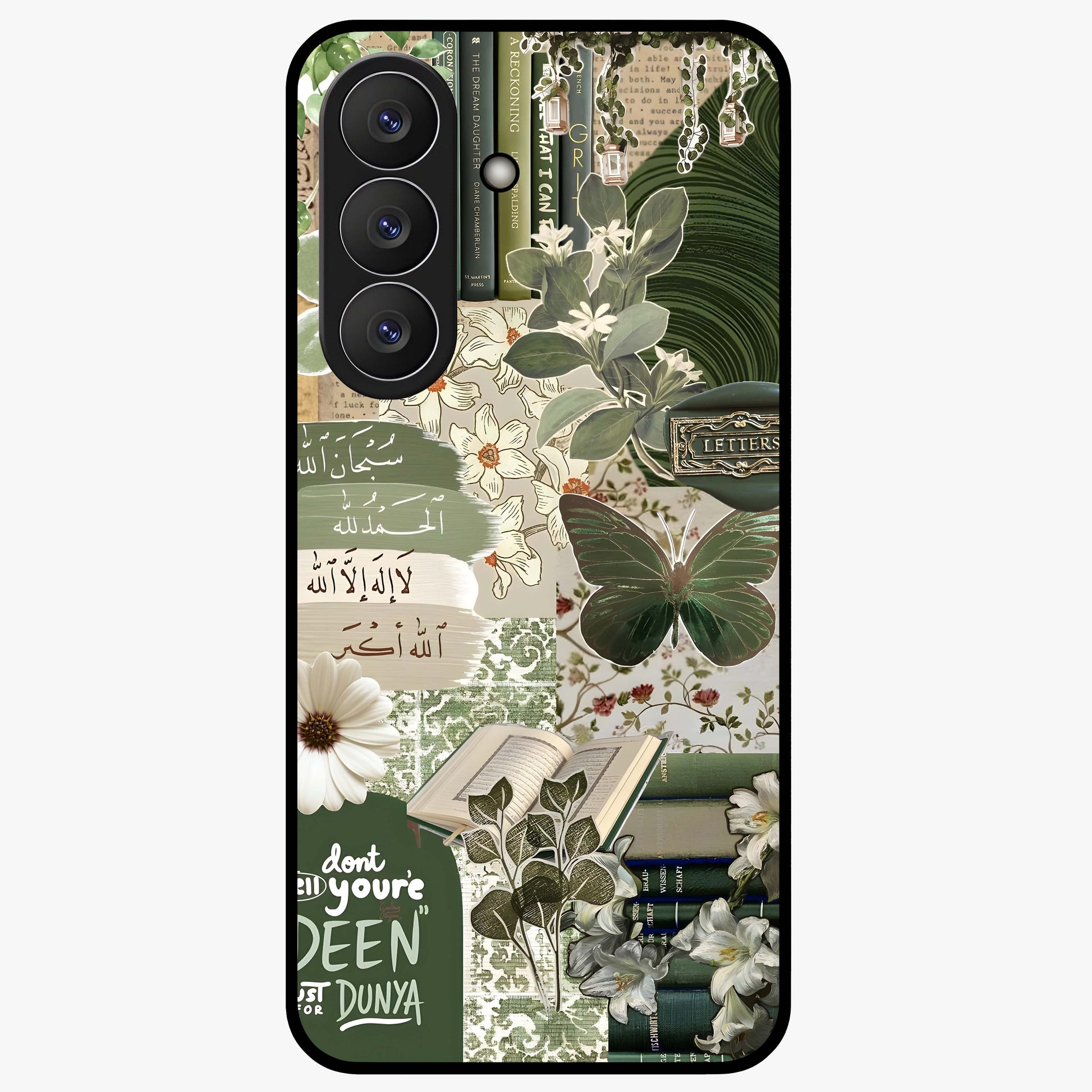 Green Islamic Books Quotes Glass Case showing flat back view with Islamic quotes and book themed artwork and glossy glass finish.