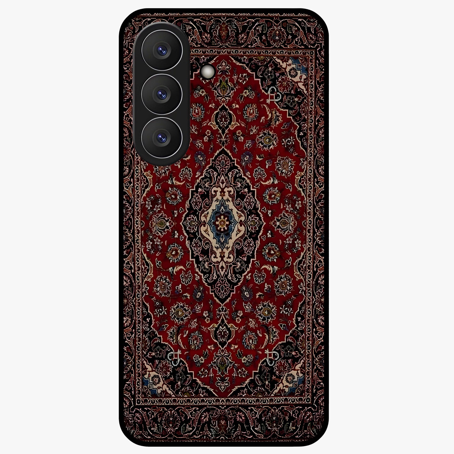 Heritage Carpet Royale Glass Case showing flat back view with ornate Persian carpet inspired pattern and glossy glass finish.