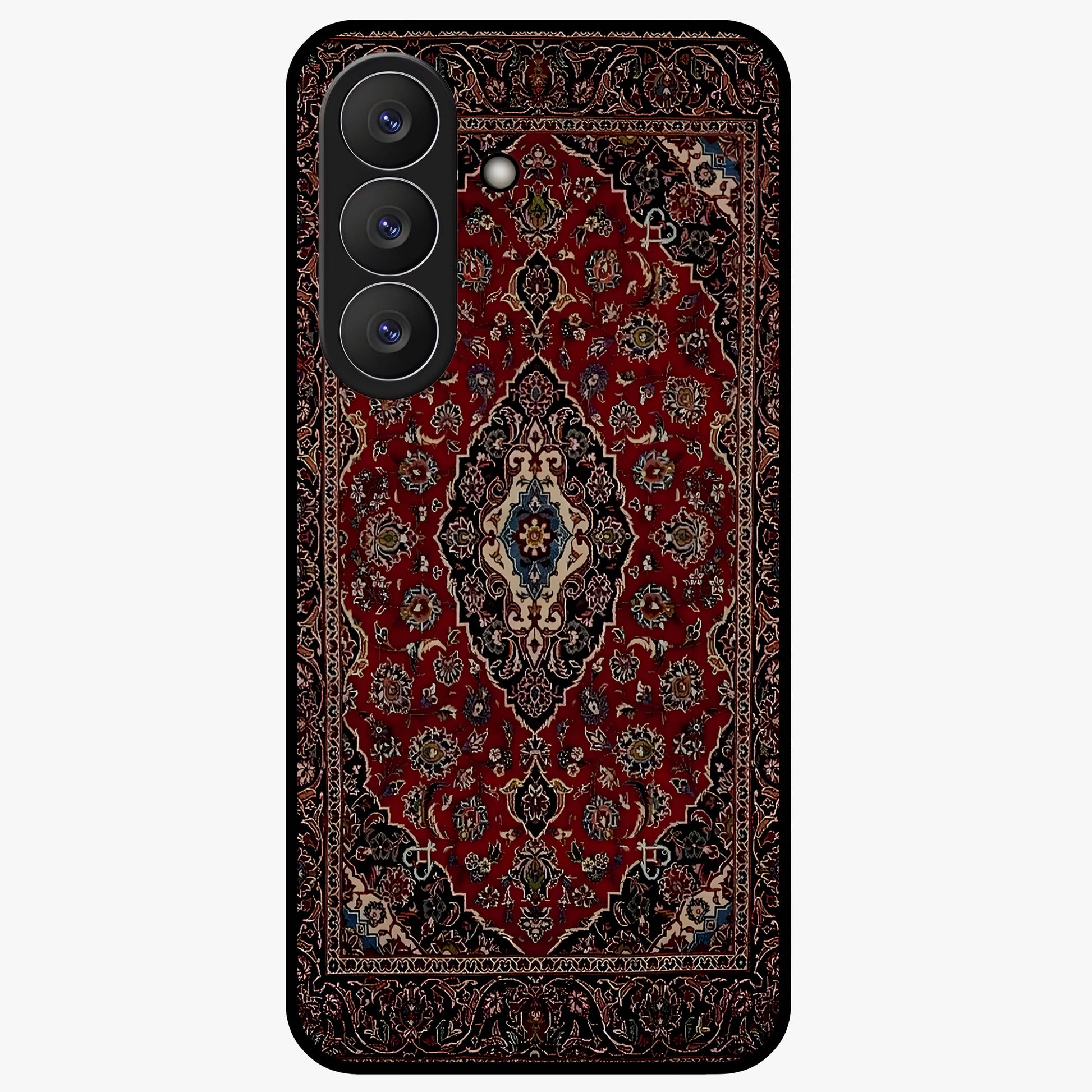 Heritage Carpet Royale Glass Case showing flat back view with ornate Persian carpet inspired pattern and glossy glass finish.
