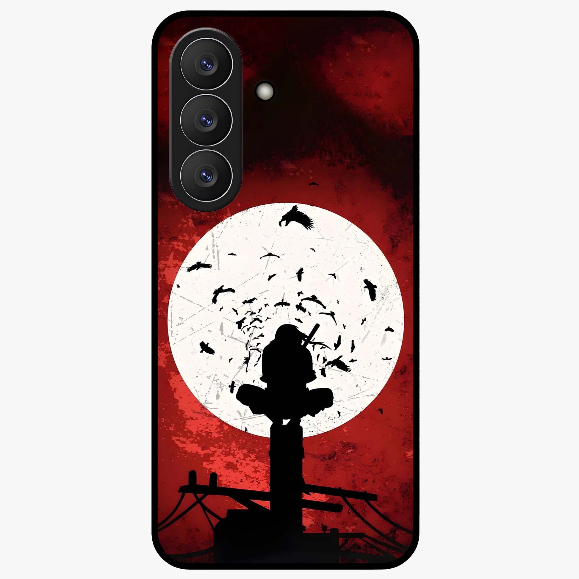 Itachi Sharingan Glass Case showing flat back view with powerful anime eye artwork and glossy glass finish.