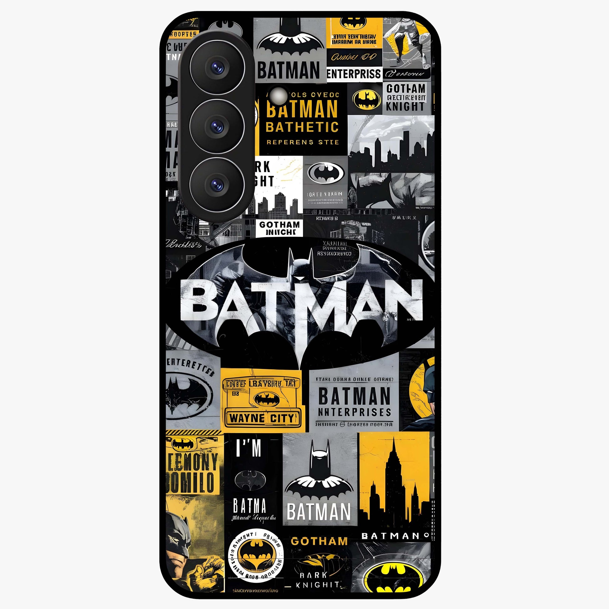 Knight Gotham Rise Glass Case showing flat back view with dark hero inspired artwork and glossy glass finish.