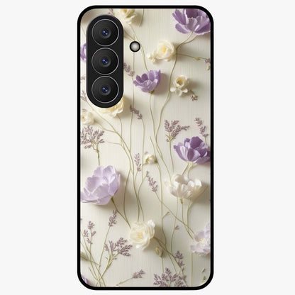 Lilac Breeze Harmony Glass Case showing flat back view with soft lilac themed artwork and glossy glass finish.