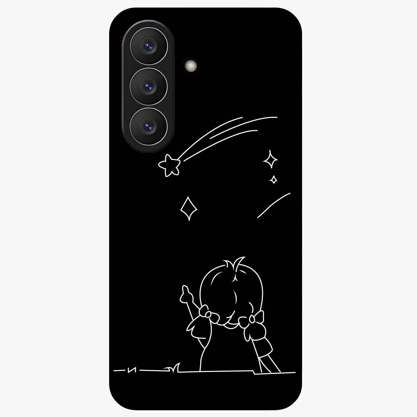 Line Art Girl With Shooting Stars Glass Case showing flat back view with minimal line art girl and shooting stars illustration and glossy glass finish.