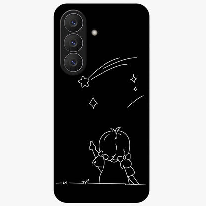 Line Art Girl With Shooting Stars Glass Case showing flat back view with minimal line art girl and shooting stars illustration and glossy glass finish.