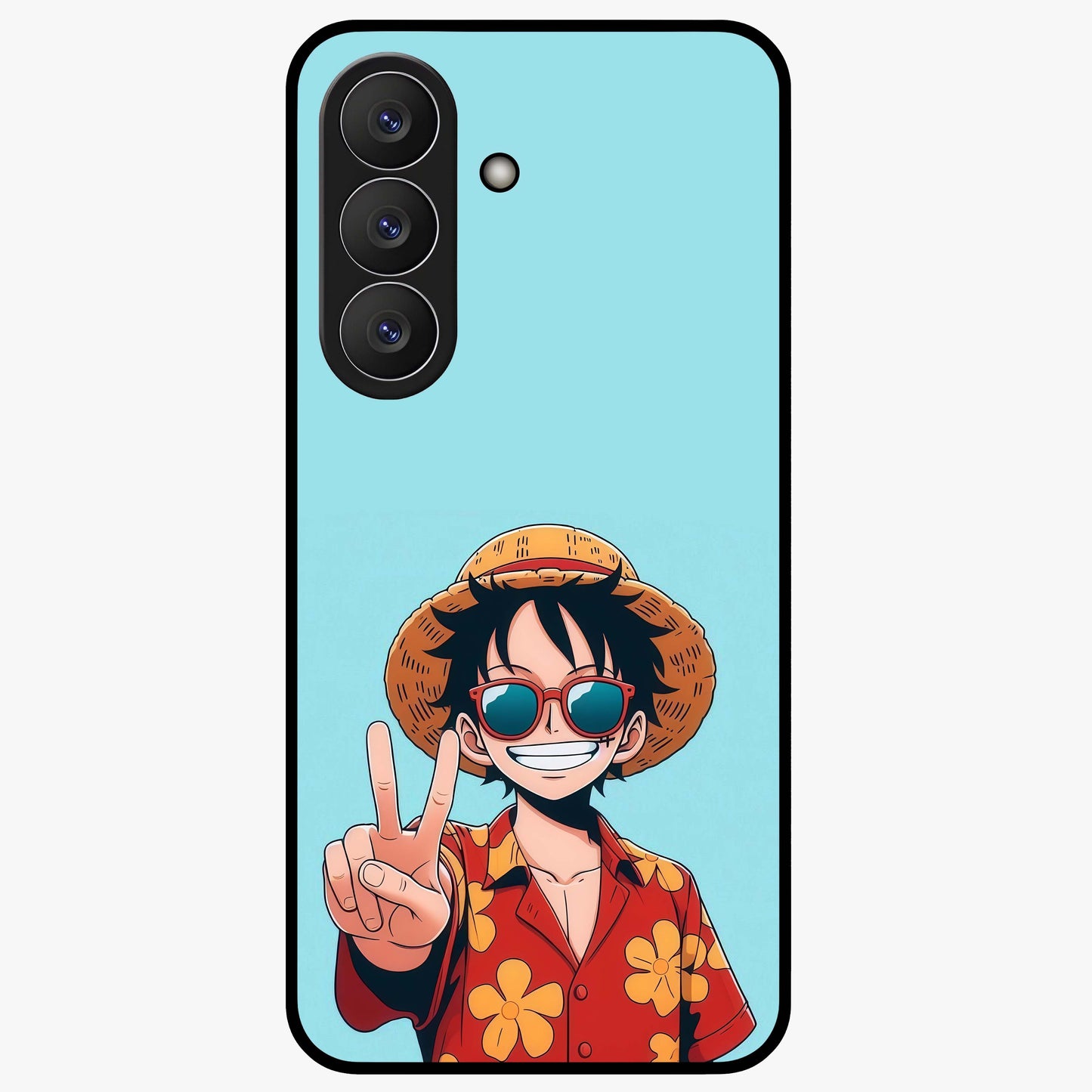 Luffy Summer Anime Vibe Glass Case showing flat back view with vibrant anime character artwork and glossy glass finish.