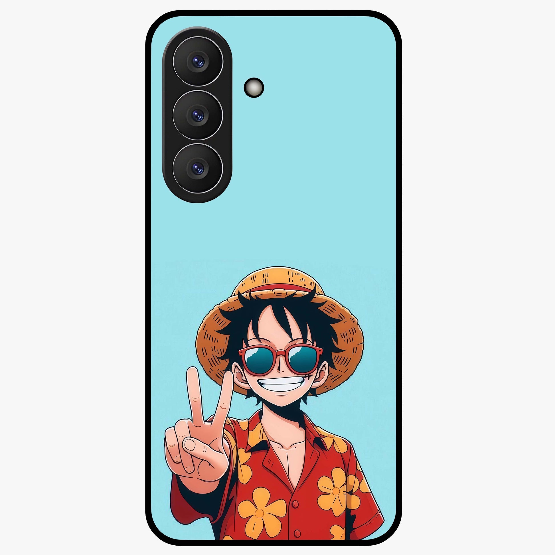 Luffy Summer Anime Vibe Glass Case showing flat back view with vibrant anime character artwork and glossy glass finish.