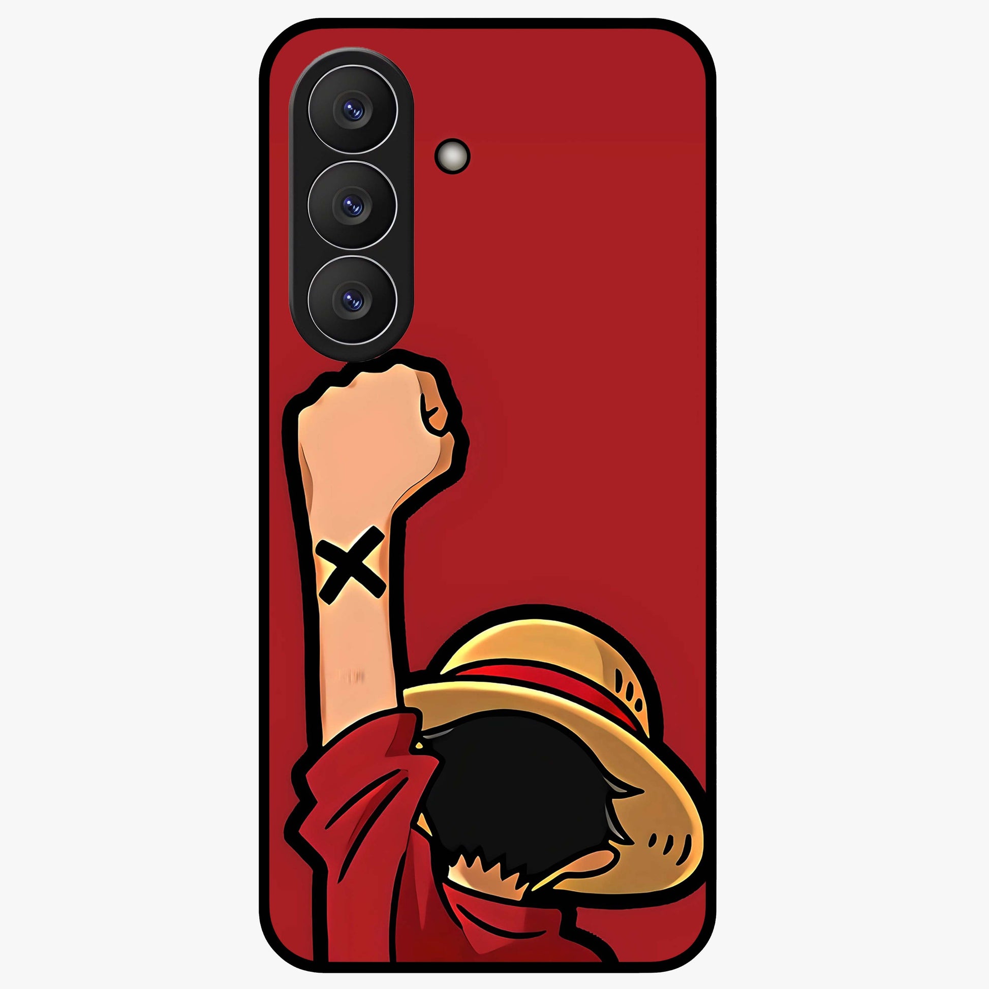 Luffy X Spirit Glass Case showing flat back view with bold anime character artwork and glossy glass finish.