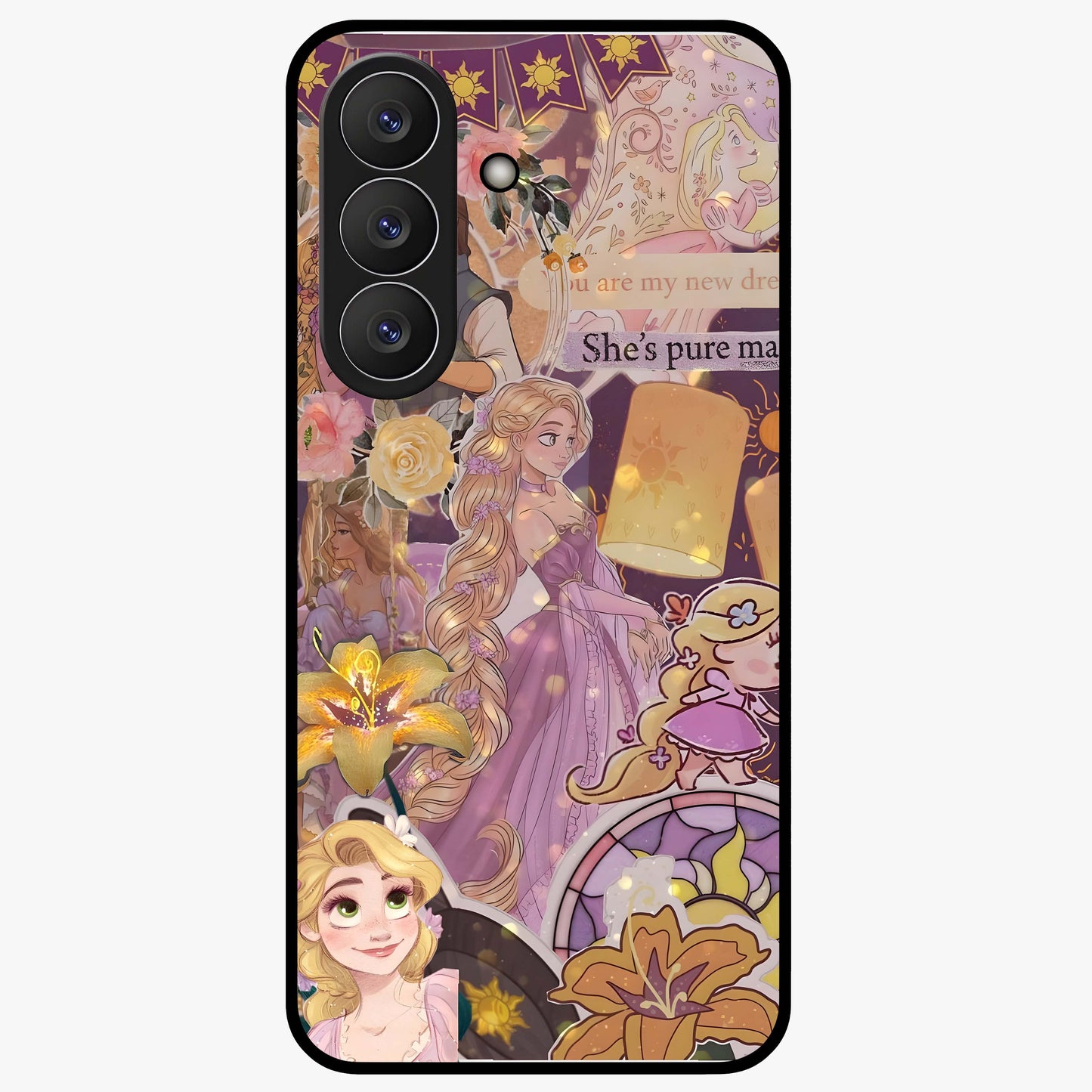 Magical Tangled Dream Glass Case showing flat back view with dreamy tangled artwork and glossy glass finish.