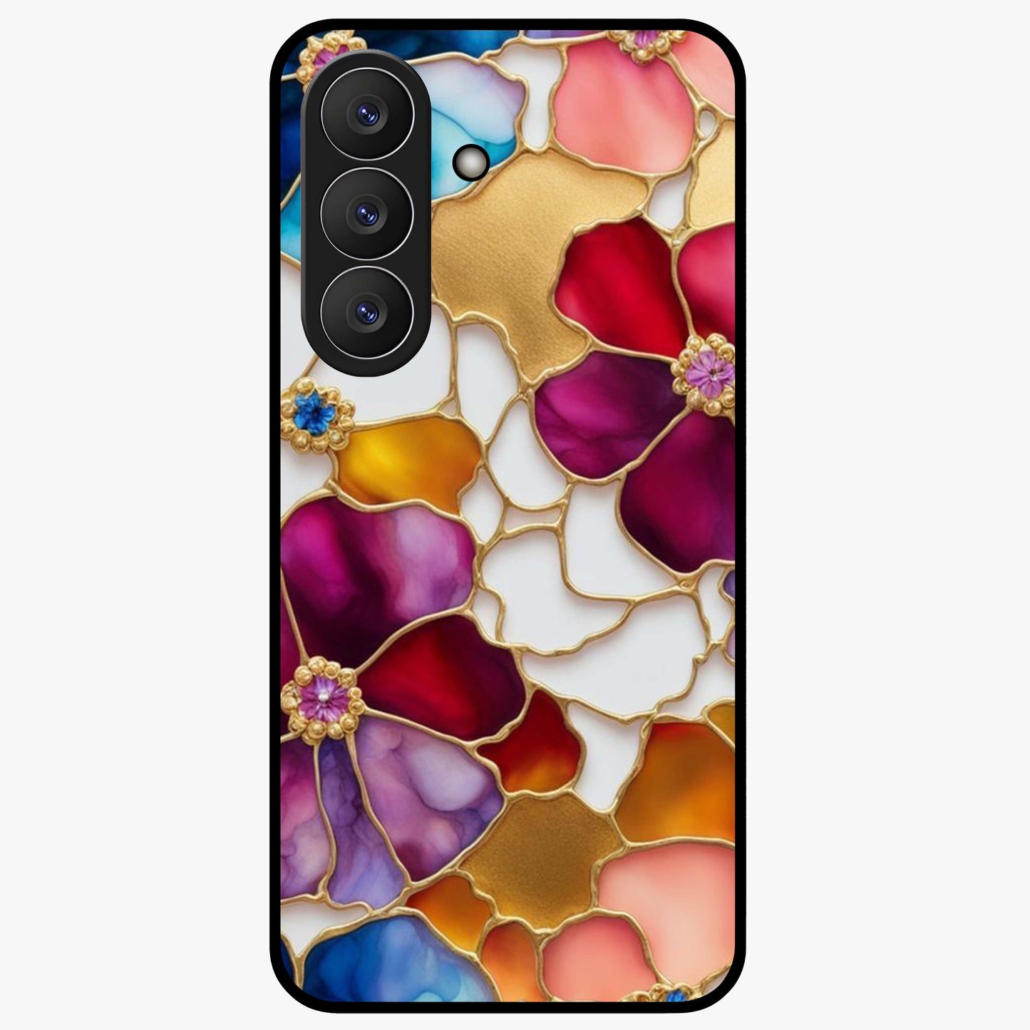 Marble Flower Pattern Glass Case showing flat back view with marble texture floral artwork and glossy glass finish.