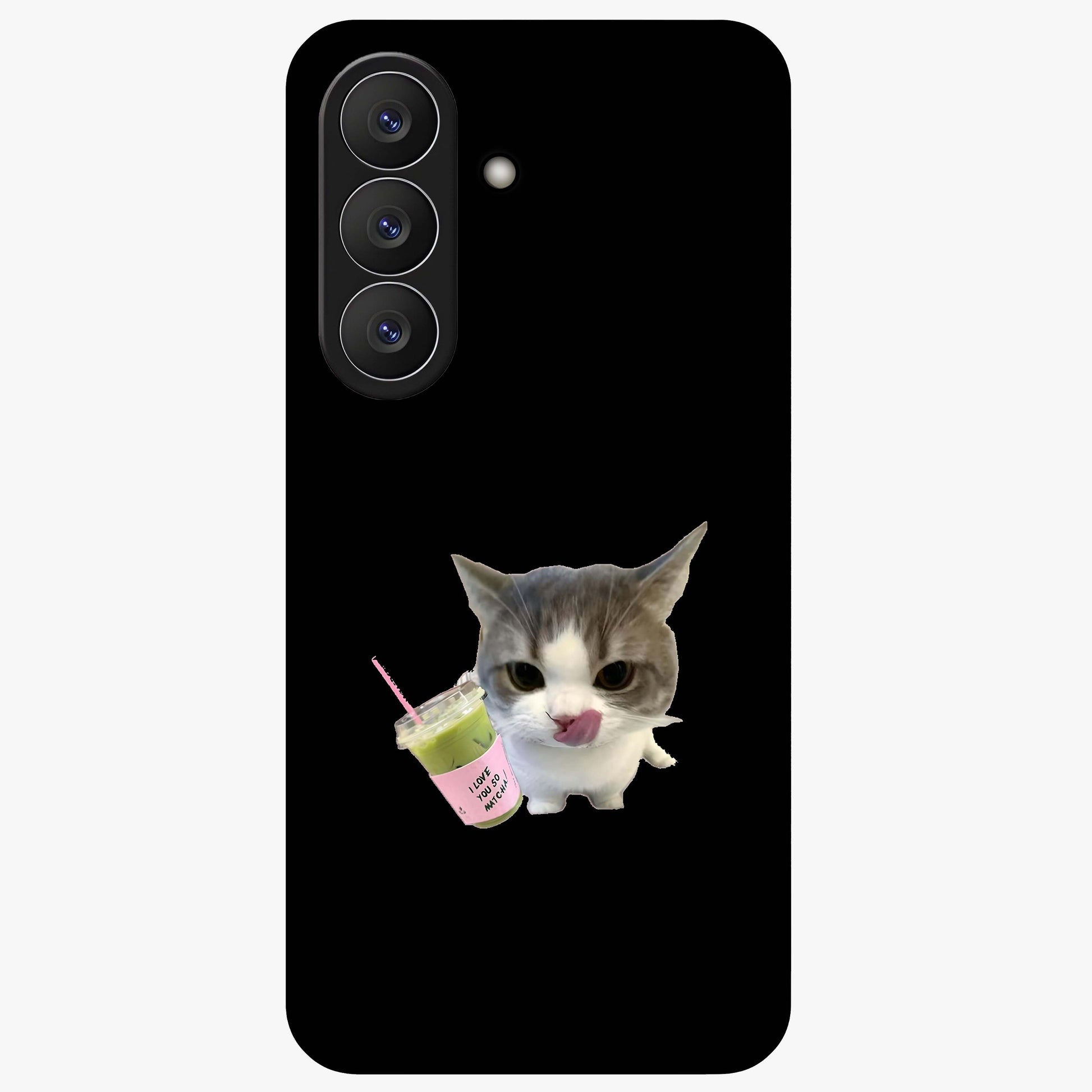 Matcha Cat Style Glass Case showing flat back view with cute matcha themed cat artwork and glossy glass finish.