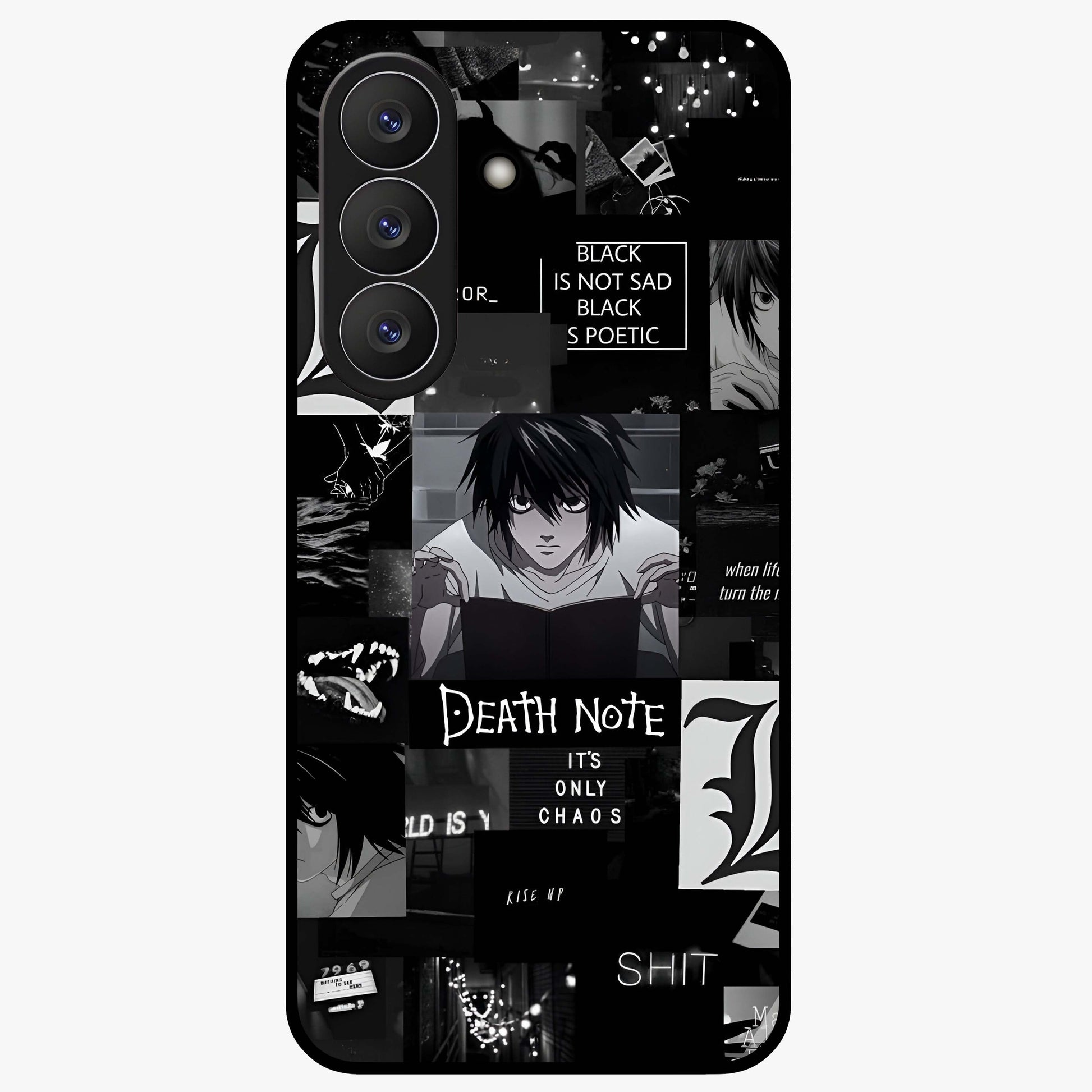 Midnight Chaos Mind Glass Case showing flat back view with abstract dark themed artwork and glossy glass finish.
