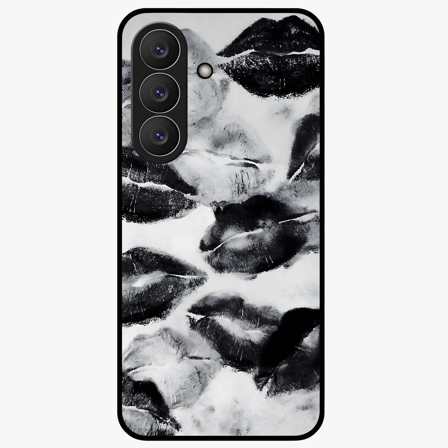 Midnight Kiss Marks Glass Case showing flat back view with lipstick kiss mark artwork and glossy glass finish.