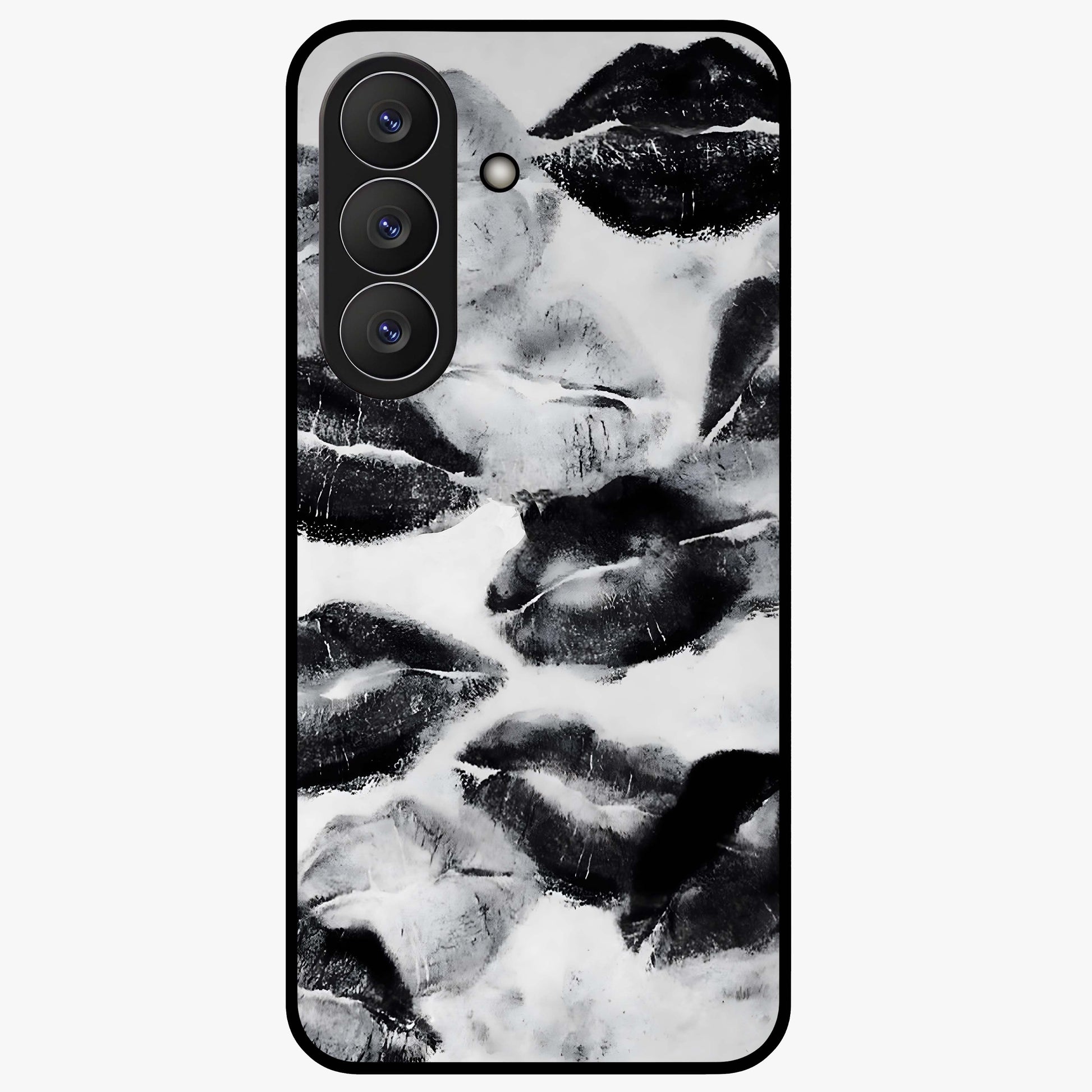 Midnight Kiss Marks Glass Case showing flat back view with lipstick kiss mark artwork and glossy glass finish.