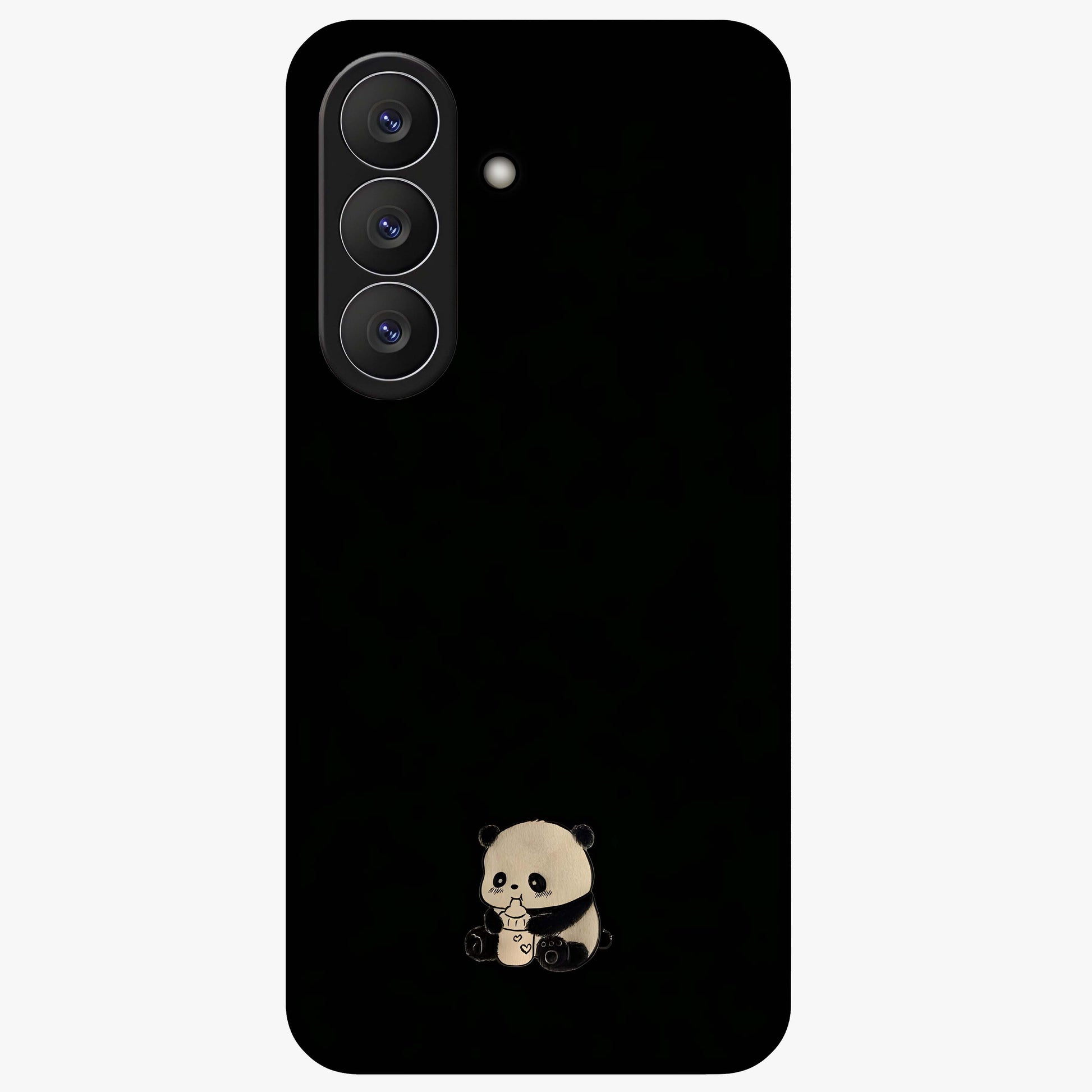 Midnight Panda Love Glass Case showing flat back view with cute panda themed artwork and glossy glass finish.