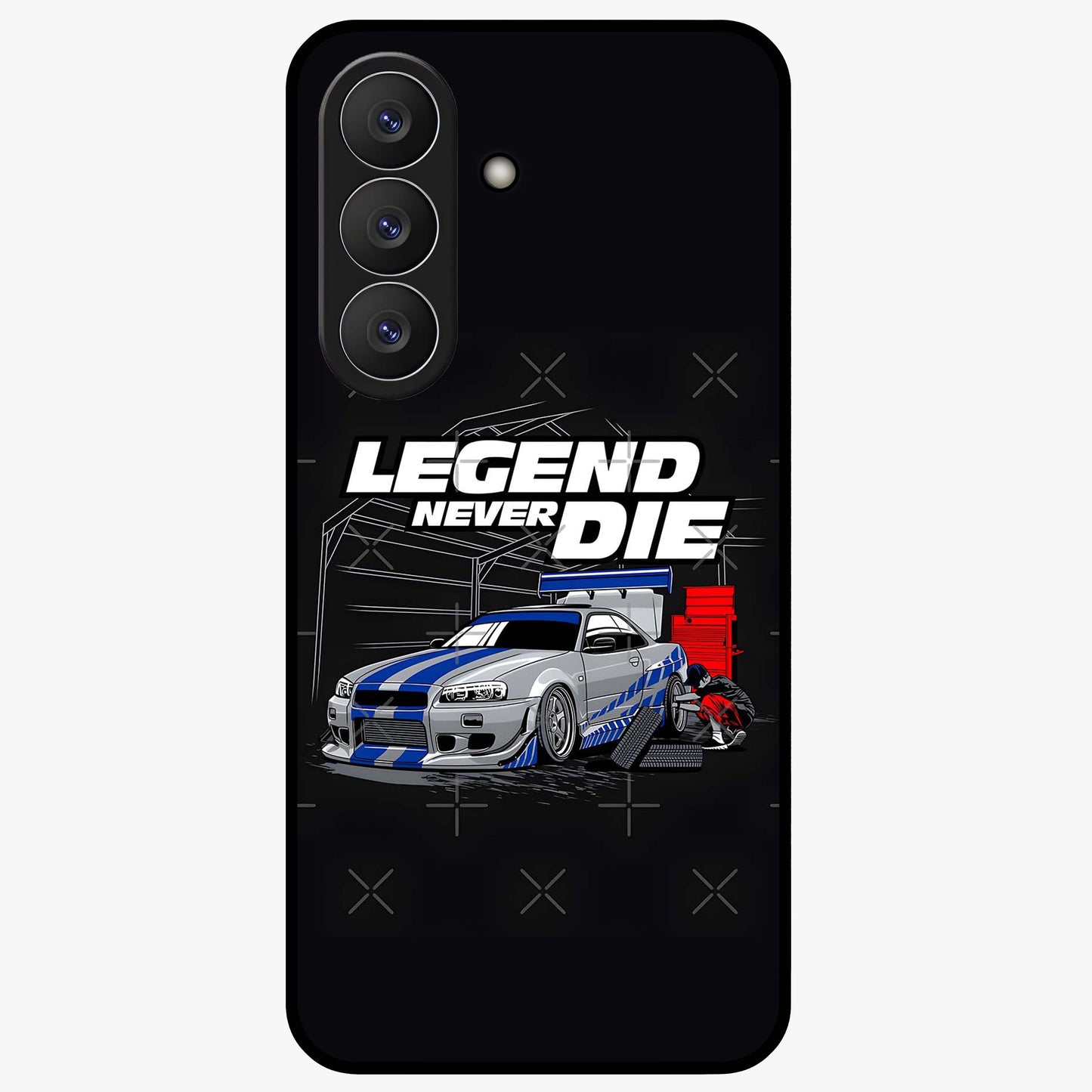 Midnight Racing Legacy Glass Case showing flat back view with sleek racing inspired artwork and glossy glass finish.