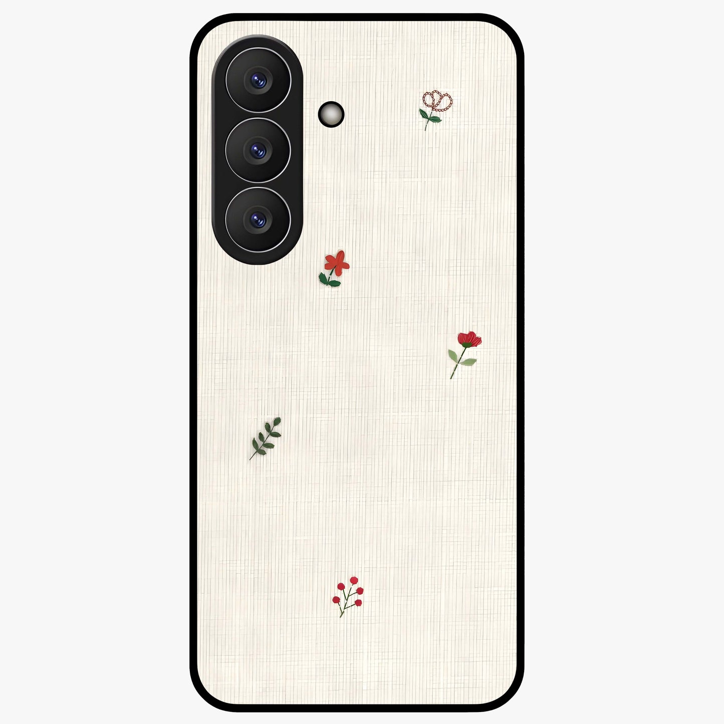 Minimal Petal Whispers Glass Case showing flat back view with soft minimal floral artwork and glossy glass finish.