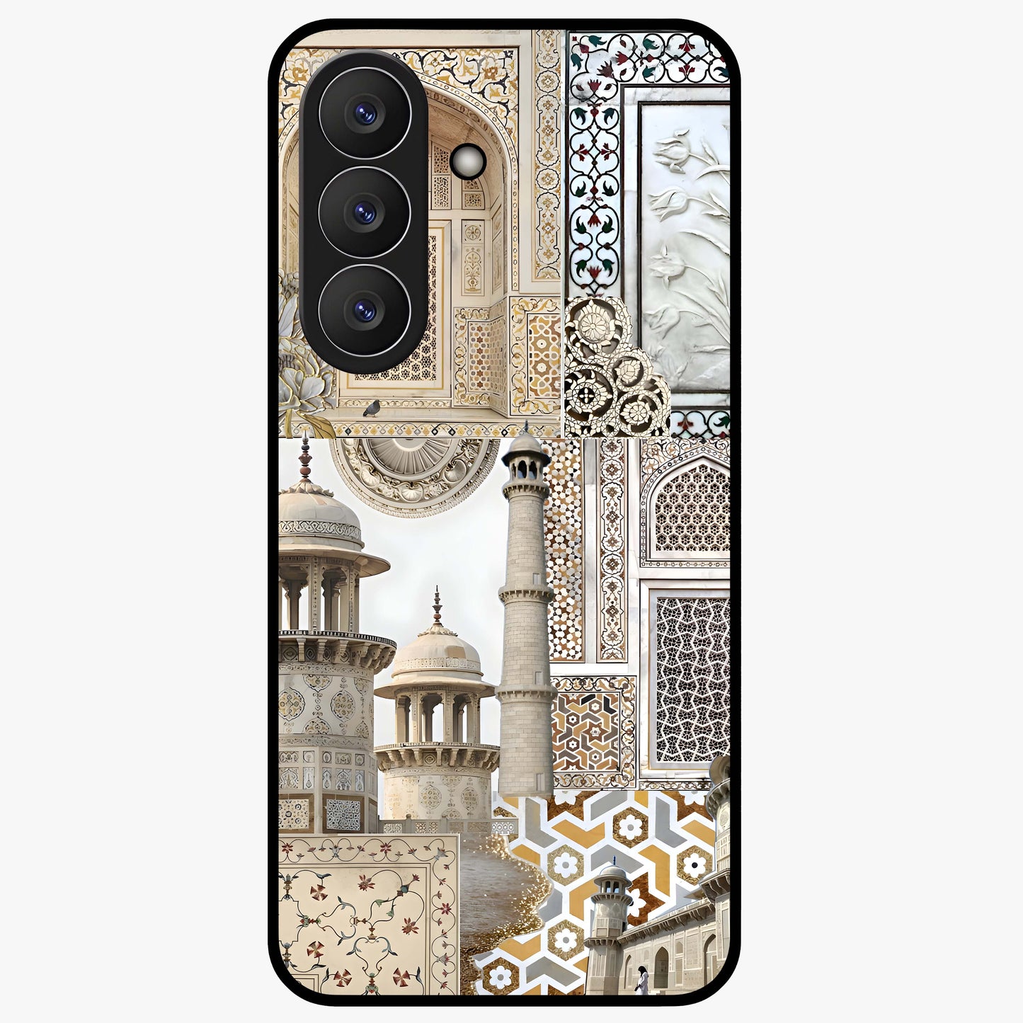 Mughal Marble Legacy Glass Case showing flat back view with intricate Mughal inspired marble pattern and glossy glass finish.