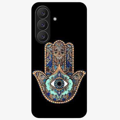 Mystic Hamsa Eye Glass Case showing flat back view with protective hamsa hand and evil eye artwork and glossy glass finish.