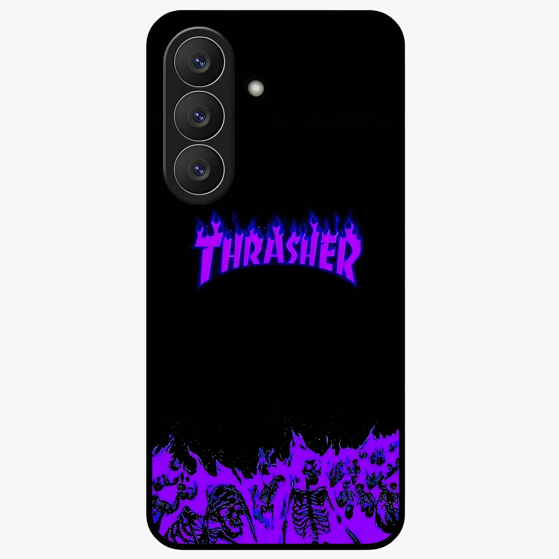 Neon Flame Riot Glass Case showing flat back view with neon flame artwork and glossy glass finish.