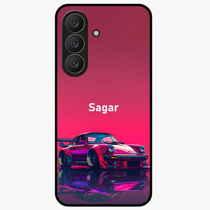 Neon Pink Porsche Glass Case showing flat back view with stylish sports car artwork and glossy glass finish.