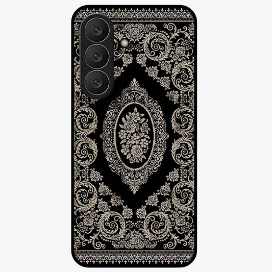 Noir Bloom Elegance Glass Case showing flat back view with elegant dark floral artwork and glossy glass finish.