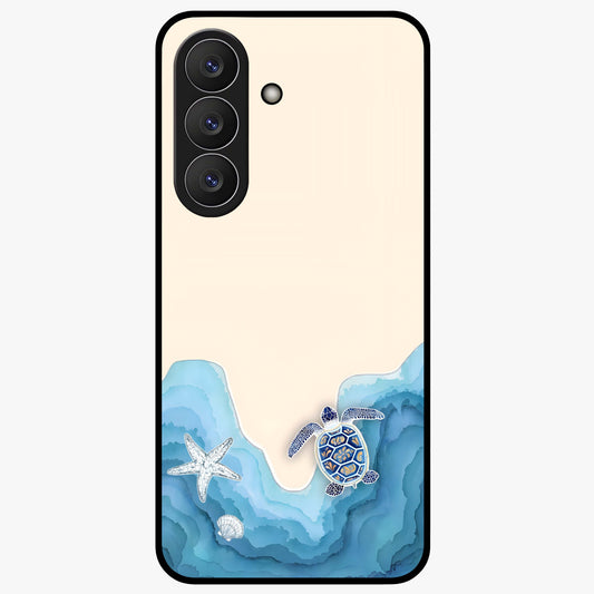 Ocean Drift Turtle Glass Case showing flat back view with sea turtle artwork and glossy glass finish.
