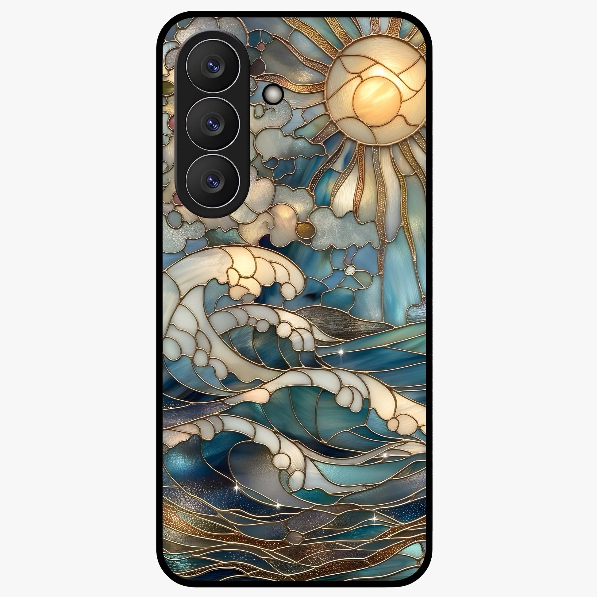Oceanic Stained Printed Glass Case showing flat back view with ocean inspired stained pattern artwork and glossy glass finish.