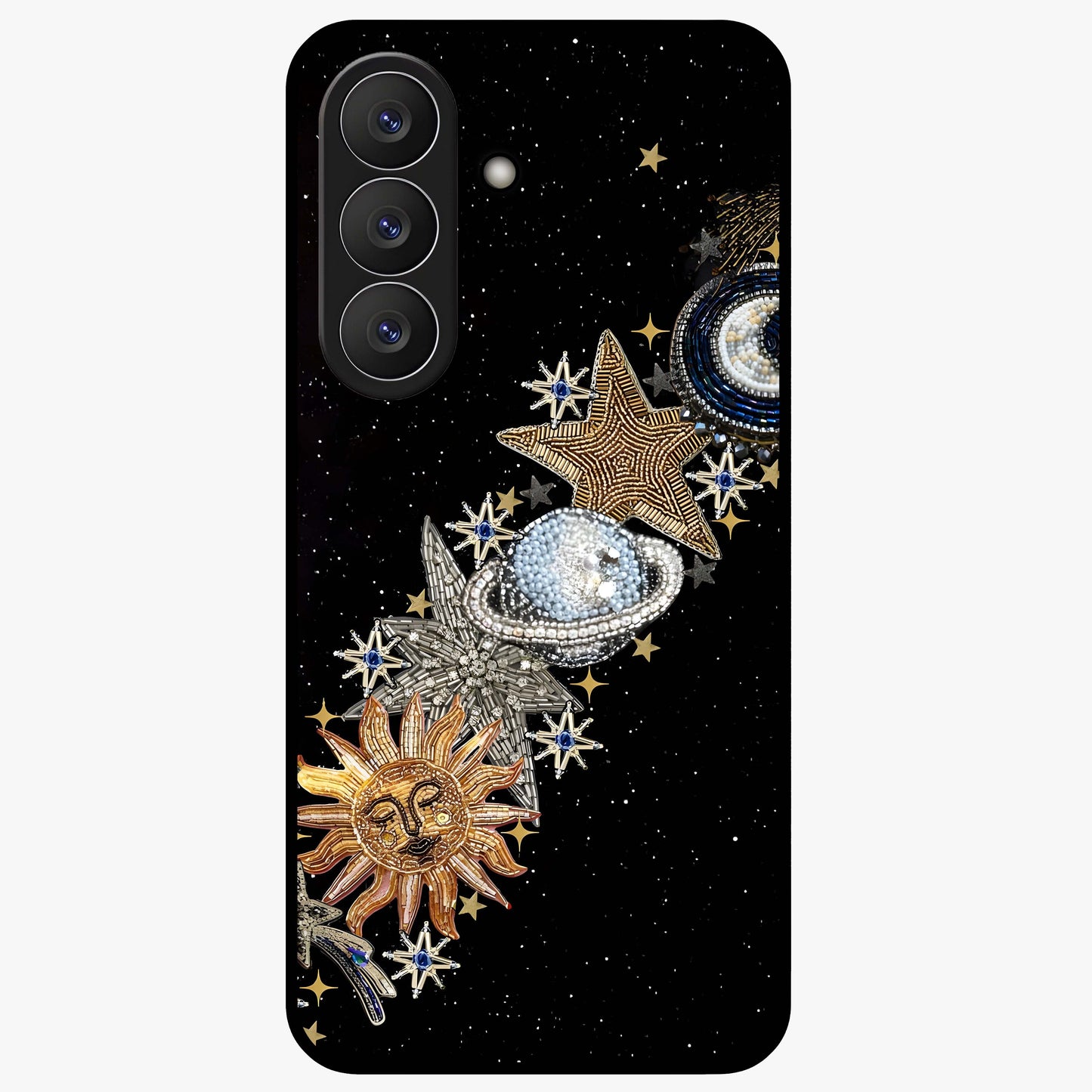 Pearls Universe Object Glass Case showing flat back view with pearl inspired cosmic artwork and glossy glass finish.