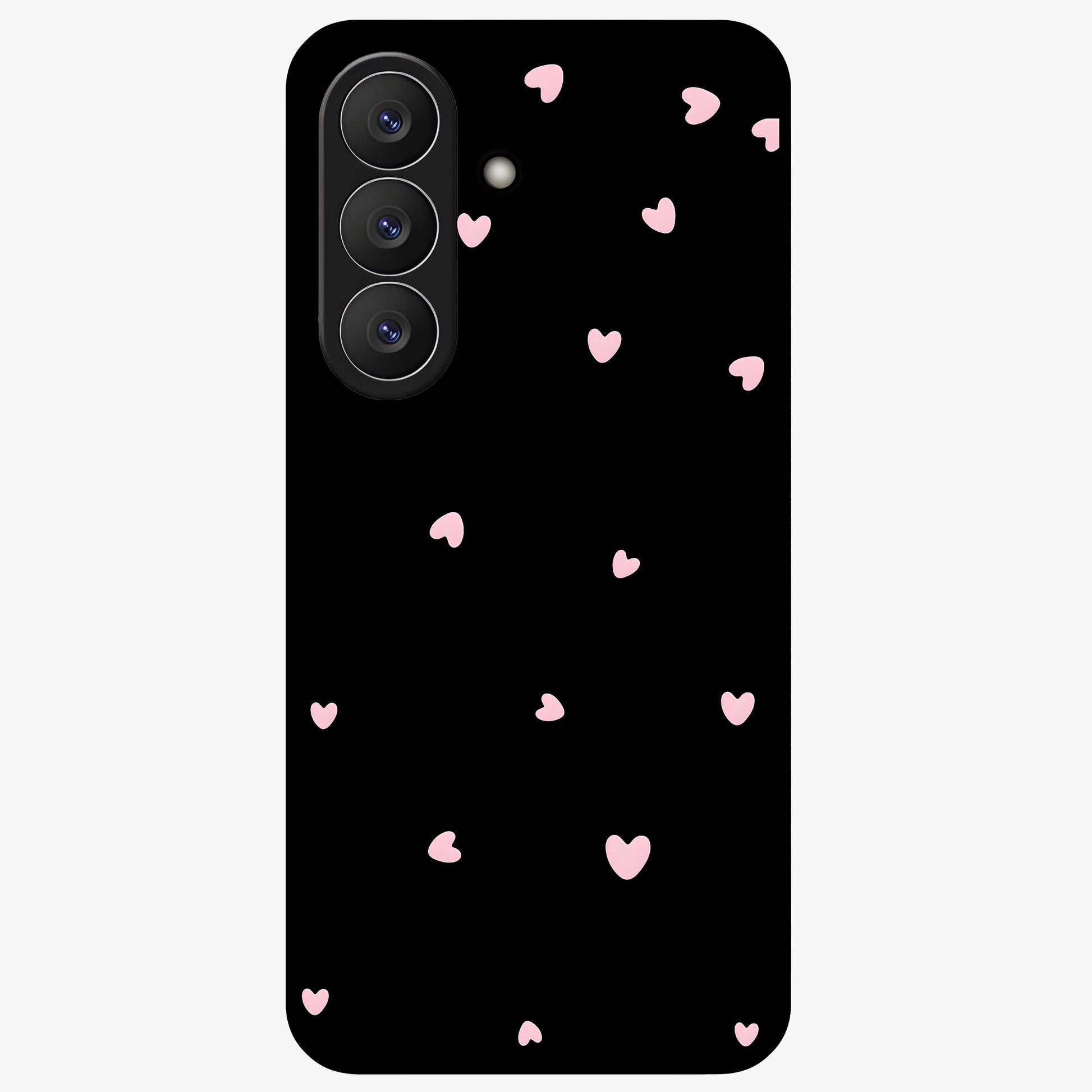 Pink Love Drops Glass Case showing flat back view with playful pink heart drops artwork and glossy glass finish.