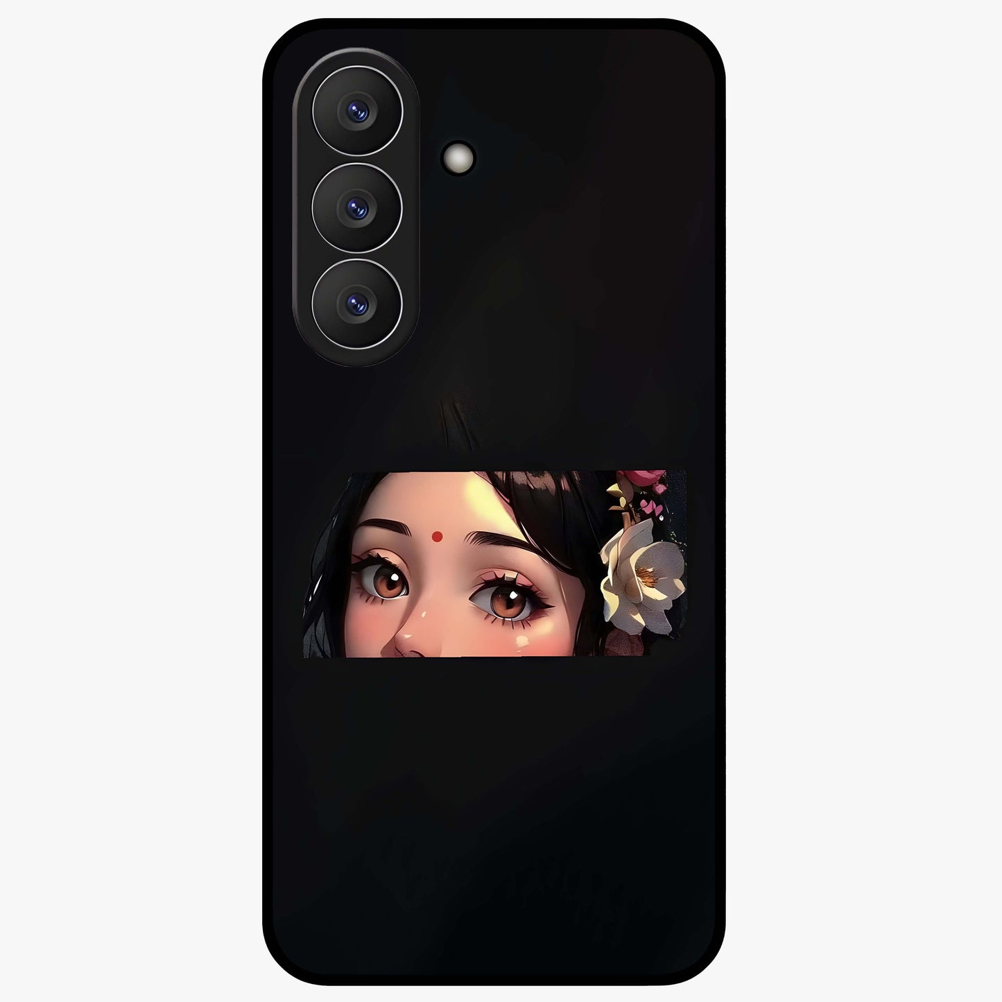 Radha Divine Embrace Glass Case showing flat back view with devotional Radha artwork and glossy glass finish.