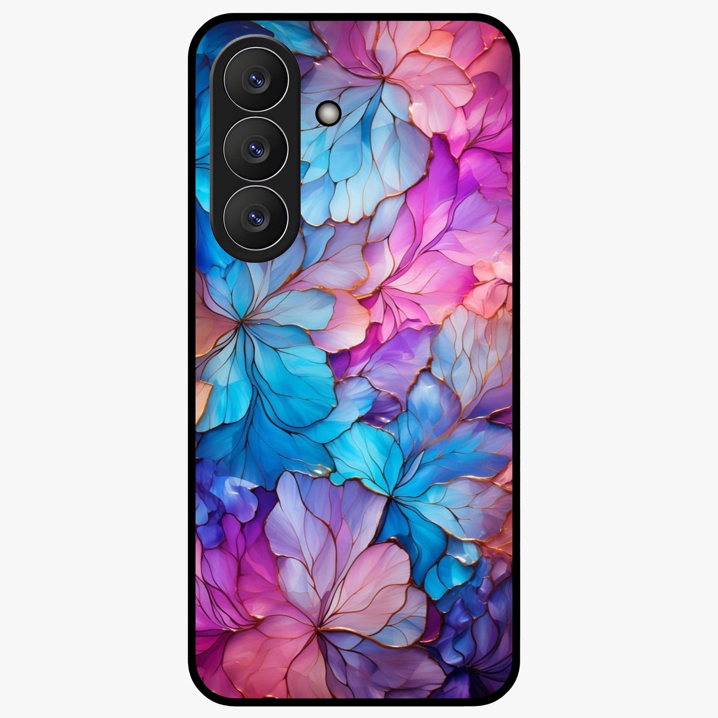 Radiant Floral Whirl Glass Case showing flat back view with swirling floral artwork and glossy glass finish.