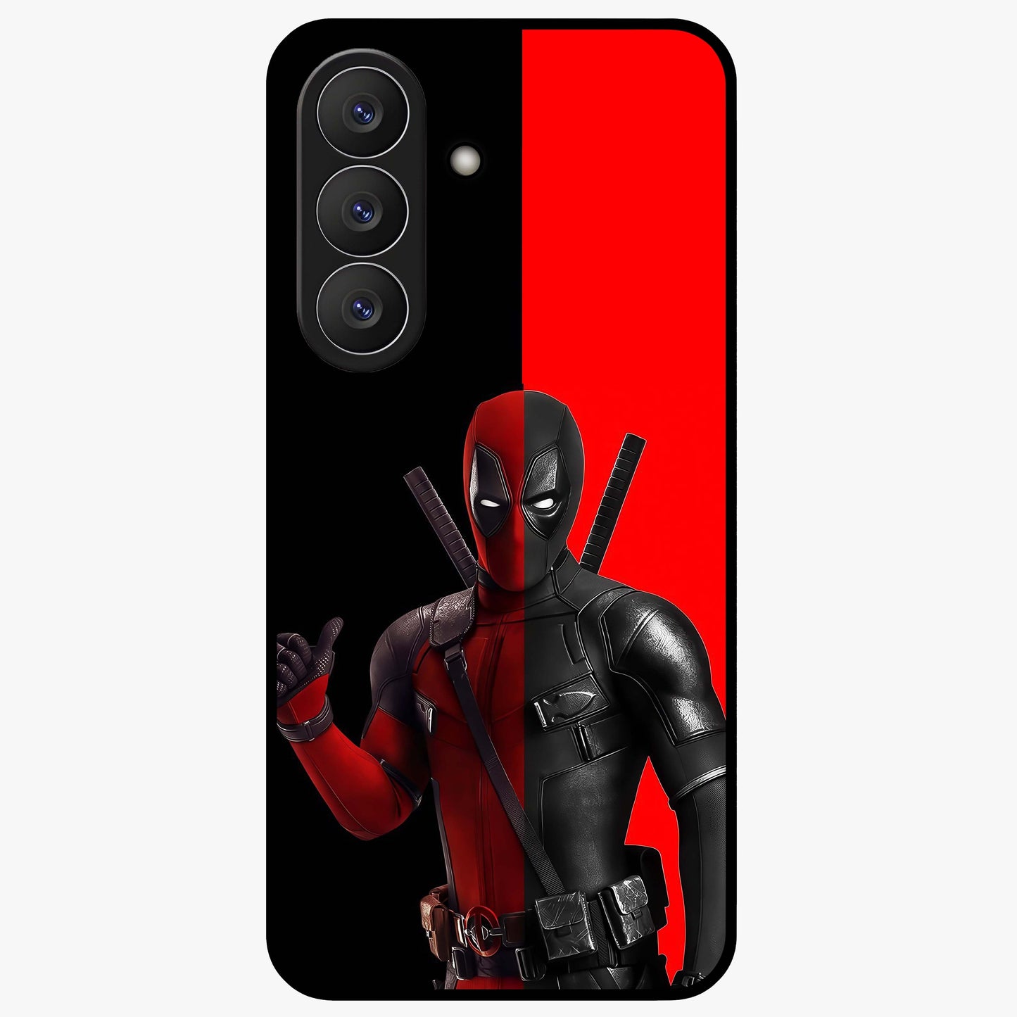 Red & Black Deadpool Theme Glass Case showing flat back view with bold comic inspired artwork and glossy glass finish.