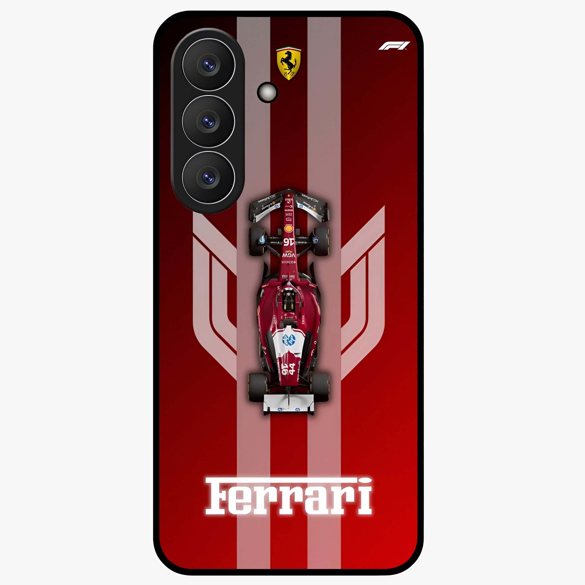Red Ferrari F1 Vertical Glass Case showing flat back view with sleek Formula racing car artwork and glossy glass finish.
