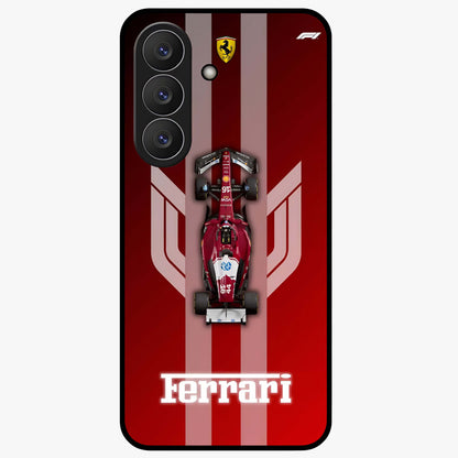 Red Ferrari F1 Vertical Glass Case showing flat back view with sleek Formula racing car artwork and glossy glass finish.