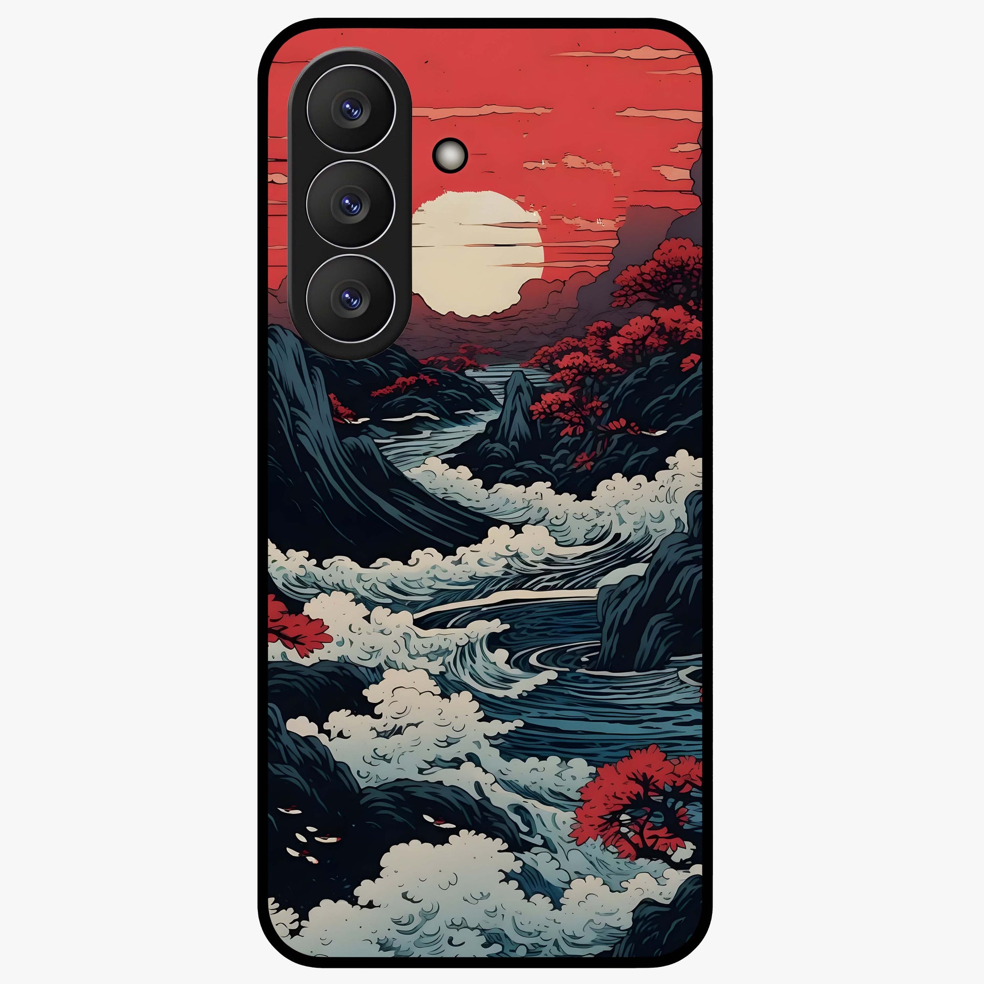 Red Sunset Scenery Glass Case showing flat back view with vibrant sunset landscape artwork and glossy glass finish.