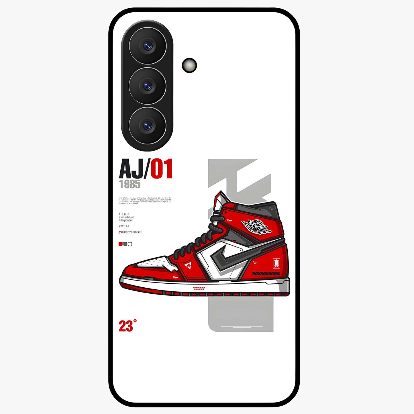 Retro Sneaker Blueprint Glass Case showing flat back view with sneaker blueprint style artwork and glossy glass finish.