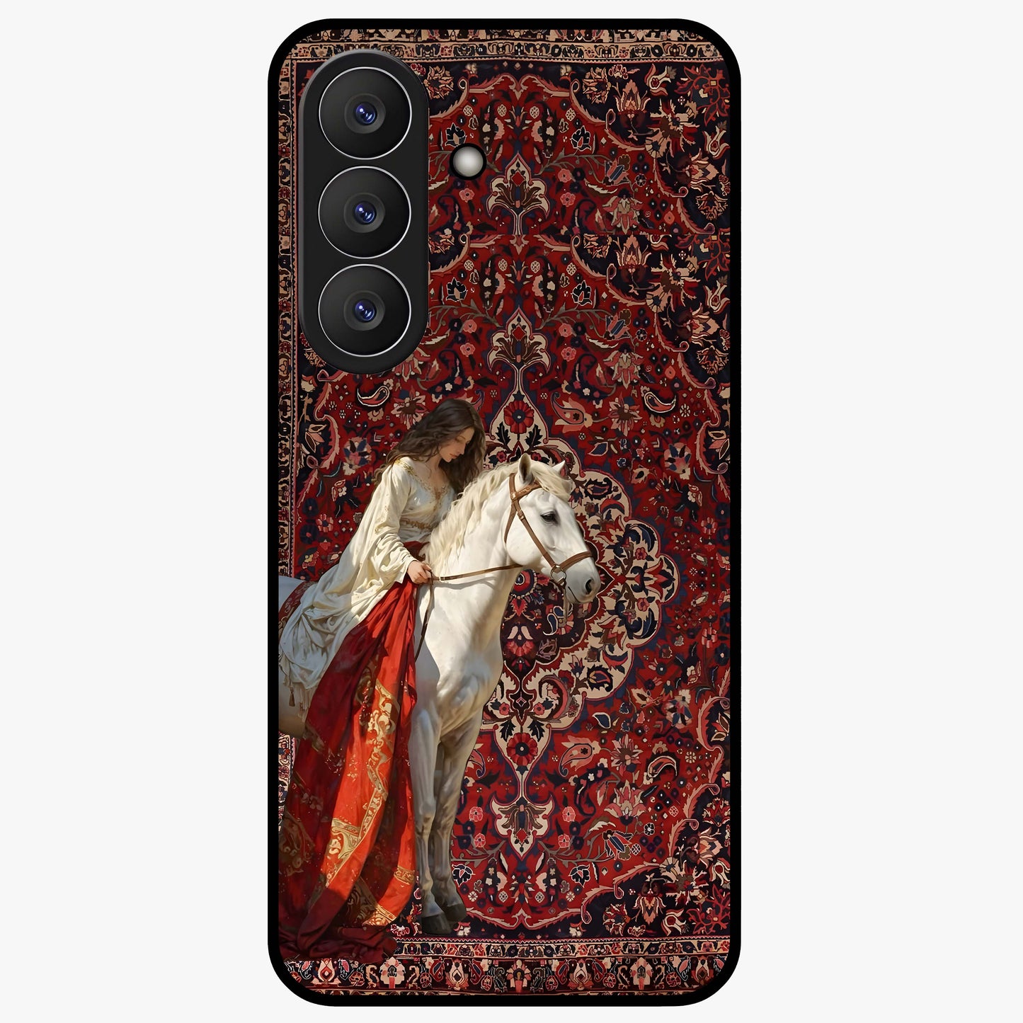 Royal Rider Tapestry Glass Case showing flat back view with majestic horse rider tapestry artwork and glossy glass finish.