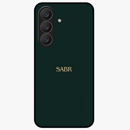 Sabr Minimal Patience Glass Case showing flat back view with minimalist typography artwork and glossy glass finish.