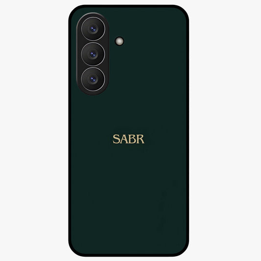 Sabr Minimal Patience Glass Case showing flat back view with minimalist typography artwork and glossy glass finish.