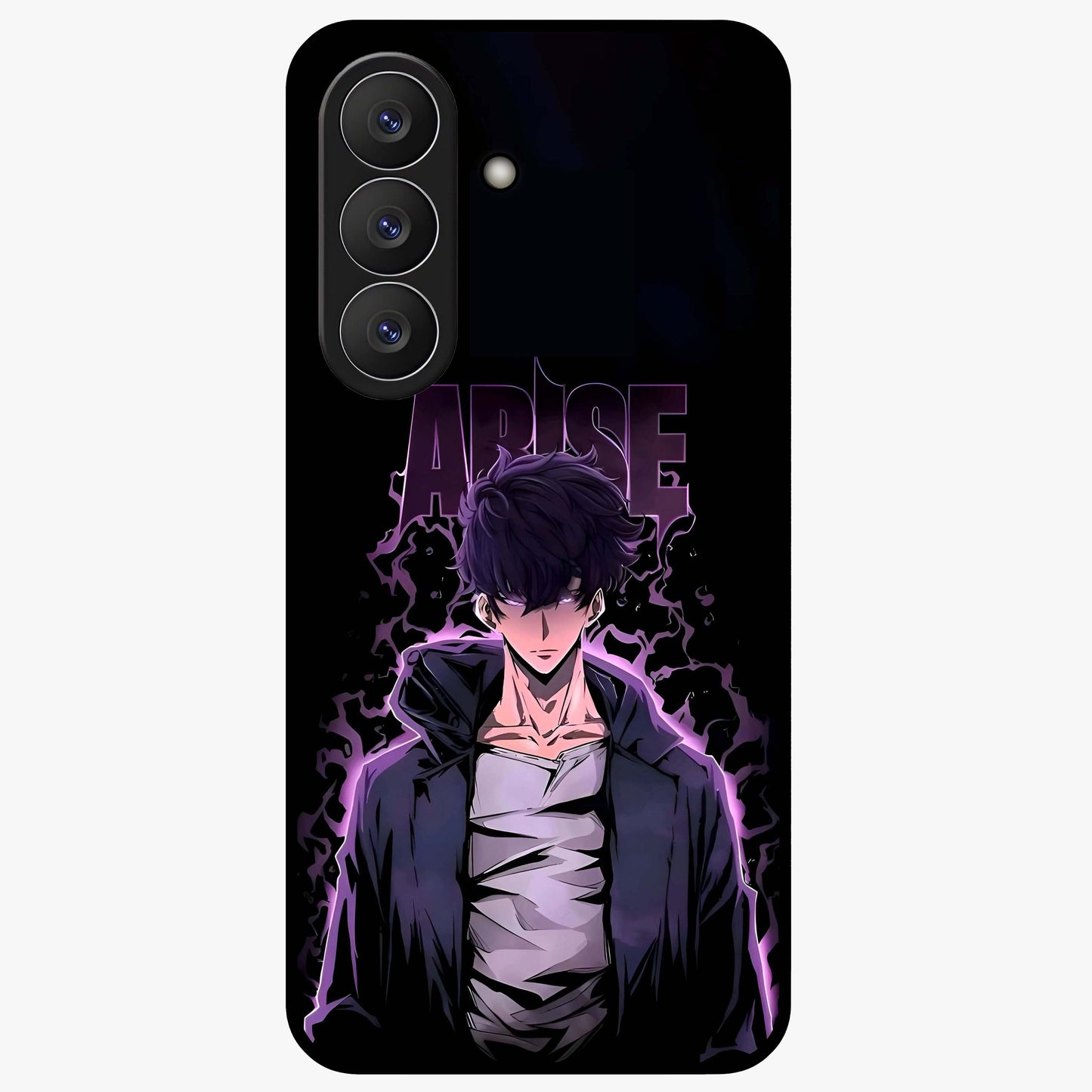 Shadow Monarch Awakening Glass Case showing flat back view with powerful dark monarch themed artwork and glossy glass finish.