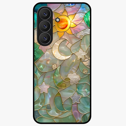 Stained Sunrise Glow Glass Case showing flat back view with glowing sunrise stained pattern artwork and glossy glass finish.