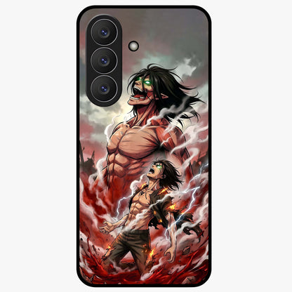 Titan Awakening Fury Glass Case showing flat back view with powerful titan inspired artwork and glossy glass finish.