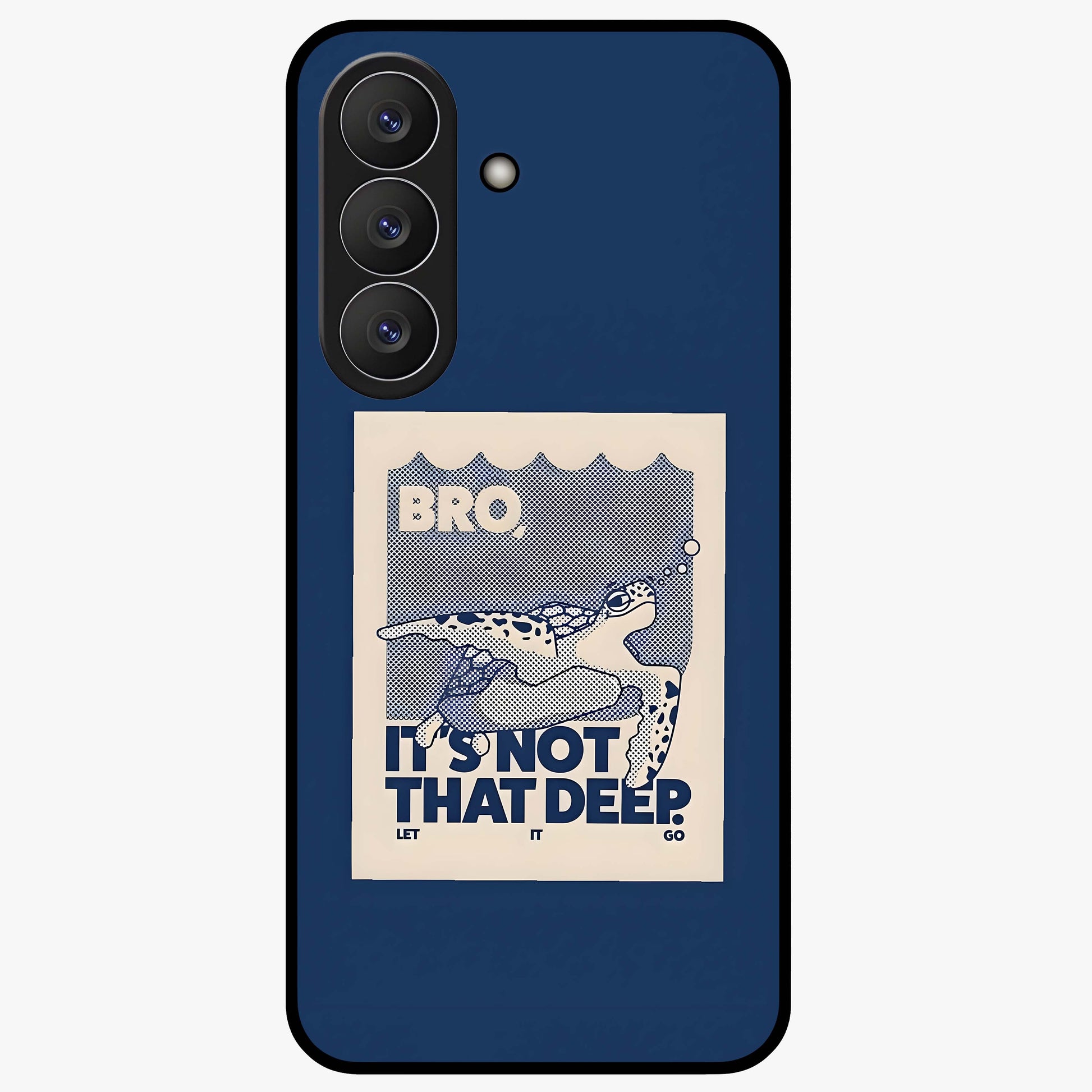 Worry Less Swim Glass Case showing flat back view with playful motivational artwork and glossy glass finish.