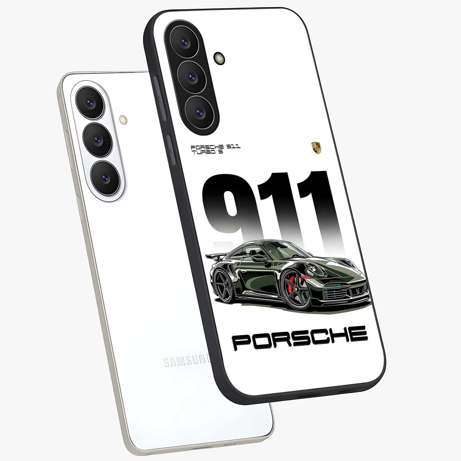 911 Turbo Dominance Glass Case displayed in premium angled mockup highlighting sporty car illustration and sleek glass surface.