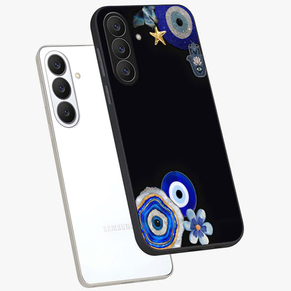 Aesthetic Blue Evil Eye Glass Case displayed in angled mockup highlighting blue evil eye symbol and spiritual aesthetic design.