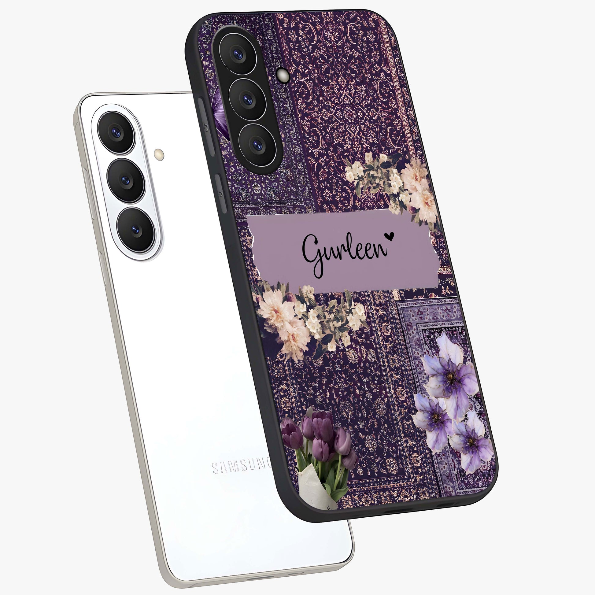 Antique Floral Whisper Custom Name Glass Case displayed in angled mockup highlighting elegant antique floral aesthetic.