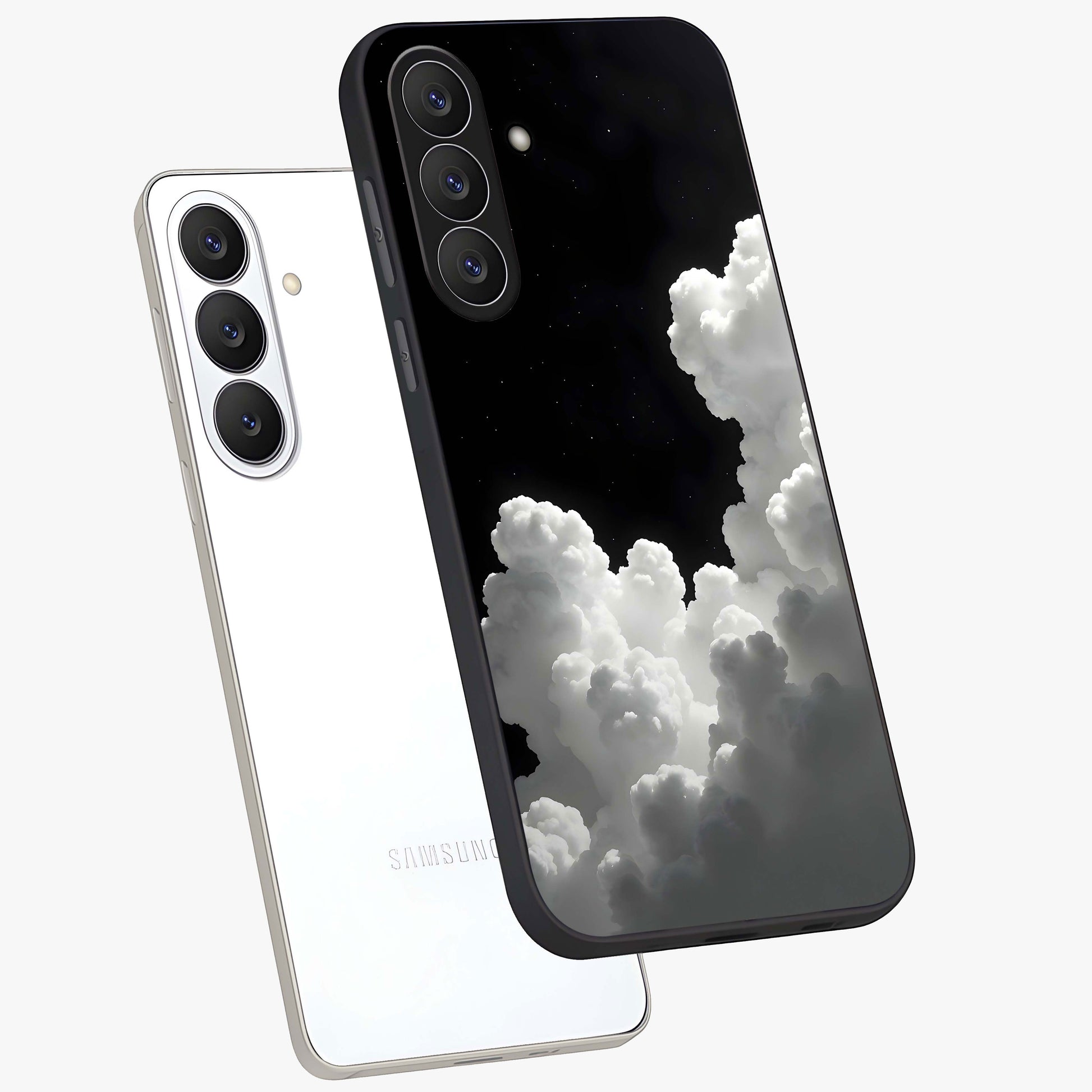 Black Background With White Cloud Glass Case displayed in angled mockup highlighting soft white cloud illustration and minimal design.