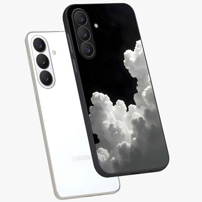 Black Background With White Cloud Glass Case displayed in angled mockup highlighting soft white cloud illustration and minimal design.