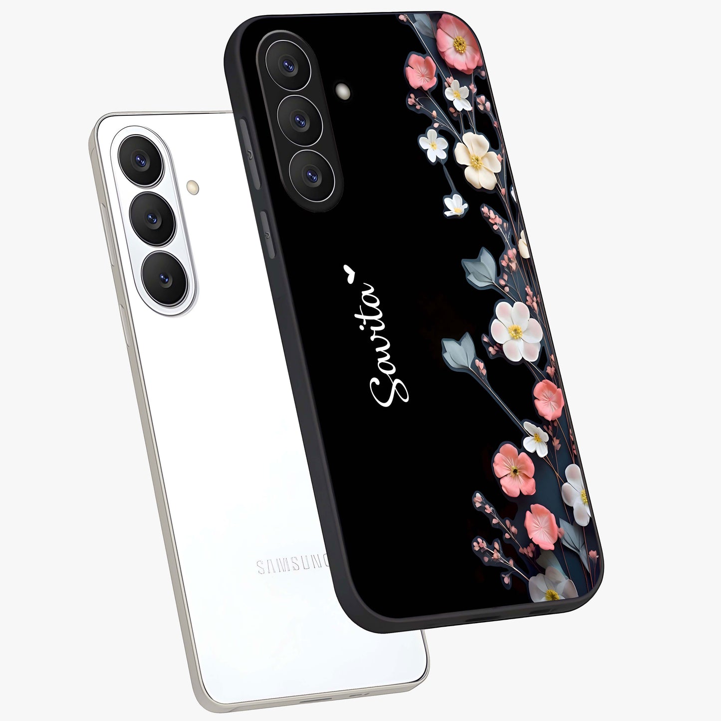 Black Elegance Floral Custom Name Glass Case displayed in angled mockup highlighting dark floral aesthetic and custom name feature.